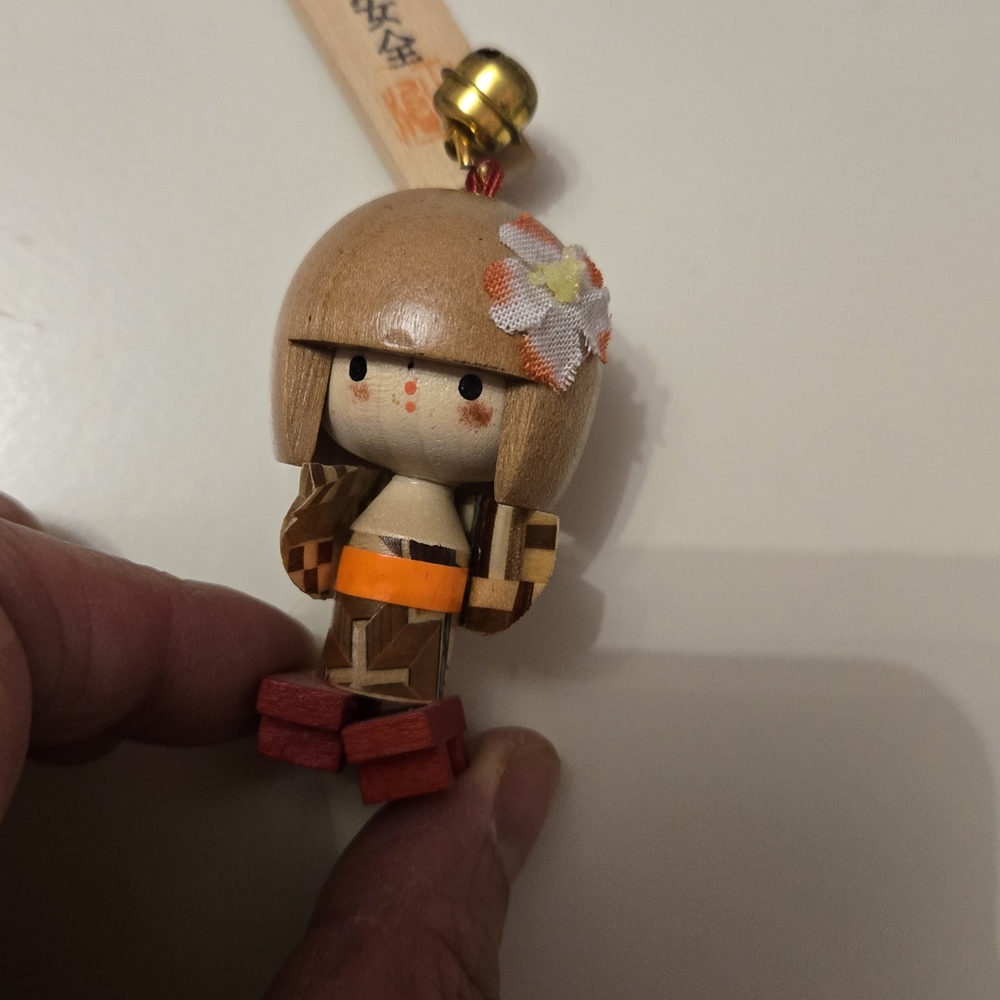 Handmade Wooden Kokeshi Doll with Flower.Lucky Charm For The Auto
